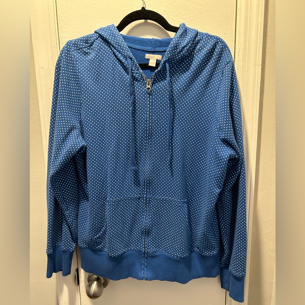 Old Navy cobalt blue polka dot full zip sweatshirt.
